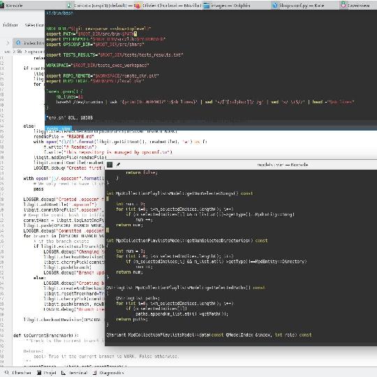 KDE Plasma desktop with opened consoles and IDE